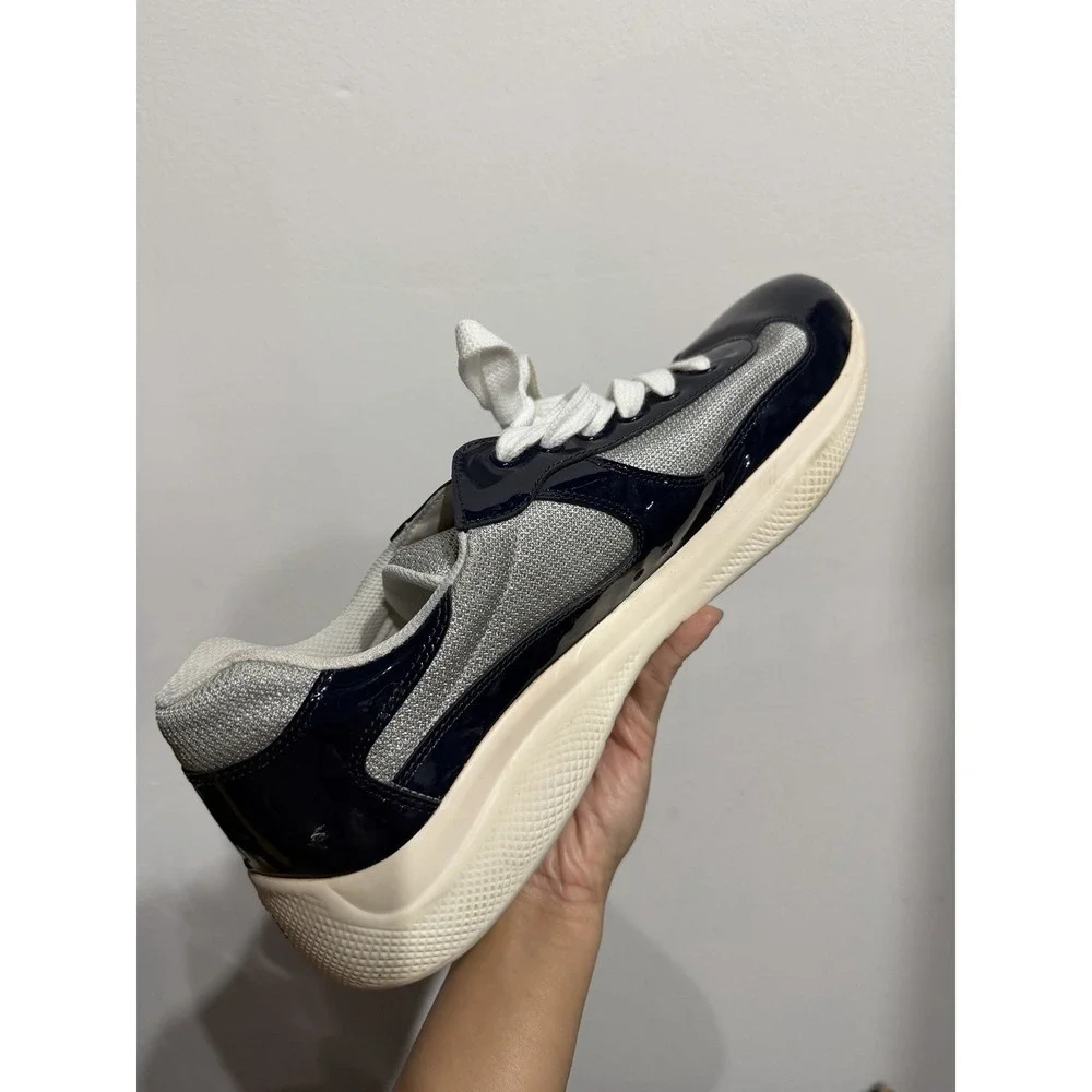 Prada Vernice Bike Patent Mesh Sneakers Navy/Silver Mens Size 11
